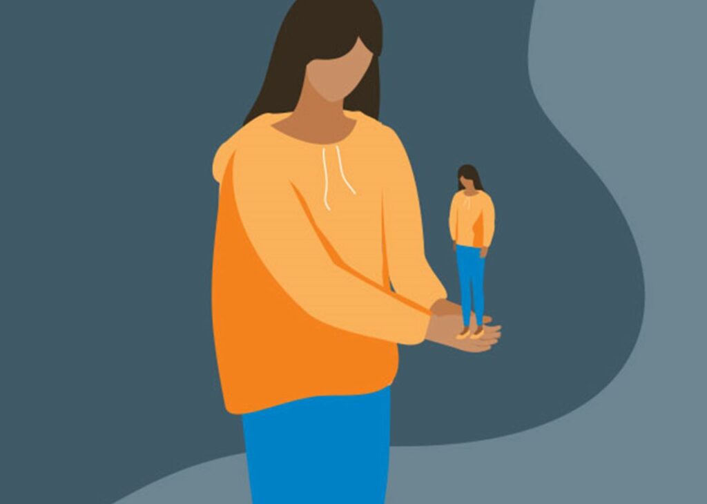 Illustration of a woman holding a smaller version of herself in her hands, symbolizing self-reflection or introspection.